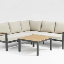 Contemporary outdoor patio furniture set with a cushioned sectional sofa and matching coffee table, perfect for backyard, garden, or porch relaxation and entertainment.