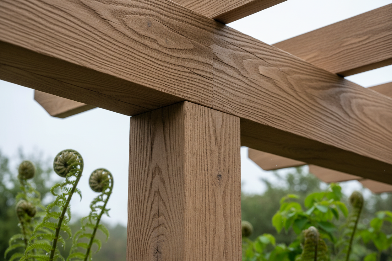 A highly detailed, photorealistic close-up of the corner joint of a modern, weathered oak effect timber pergola. The image highlights the intricate joinery, realistic wood grain, and subtle color variations of the textured surface, illuminated by diffused natural daylight. In the softly blurred background, hints of fresh green foliage and dew drops on a fern suggest a spring setting. The composition emphasizes durability and aesthetic detail with a warm brown and natural wood color palette.