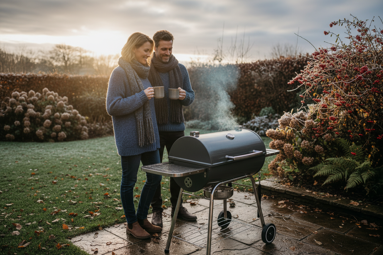 A couple in their late 30s, dressed in cosy winter knitwear, stand on a damp patio next to a modern charcoal BBQ in a well-maintained UK garden. They hold steaming mugs and look contentedly at the BBQ, bathed in warm, golden late afternoon winter light. Dew on the grass and fallen leaves suggest recent rain, contrasting with the overcast sky. The scene evokes intimacy and the joy of outdoor living in colder months, with a colour palette of muted blues, greys, and browns warmed by golden light and hints of red from a berry bush.