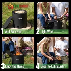 EcoFuego outdoor fire pit for safe, eco-friendly wax fuel burning, perfect for camping, backyard gatherings, and outdoor cooking. Easy to light, enjoy flames, and extinguish with cover.