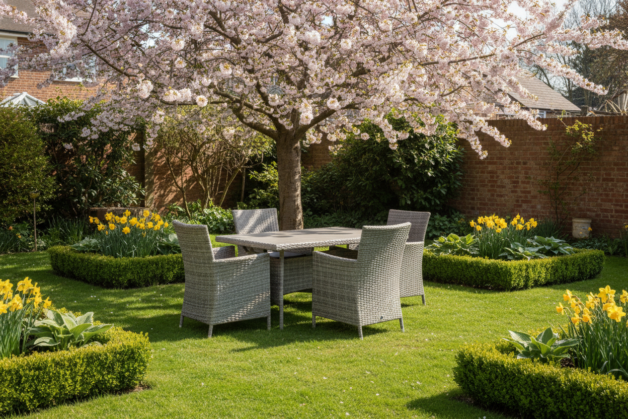 A photorealistic, wide-angle shot of a contemporary, grey rattan four-seater garden dining set with clean lines, positioned on a neat, moss-green lawn in a charming UK suburban garden. The setting features manicured box hedging, bright yellow daffodils, and emerging green hosta shoots under soft, natural early afternoon spring sunlight. A mature flowering cherry tree in soft bloom frames the scene, with a hint of a traditional brick garden wall in the background. The composition is eye-level, highlighting the fresh greens, soft whites, and warm grey tones, evoking a fresh and inviting Spring atmosphere.