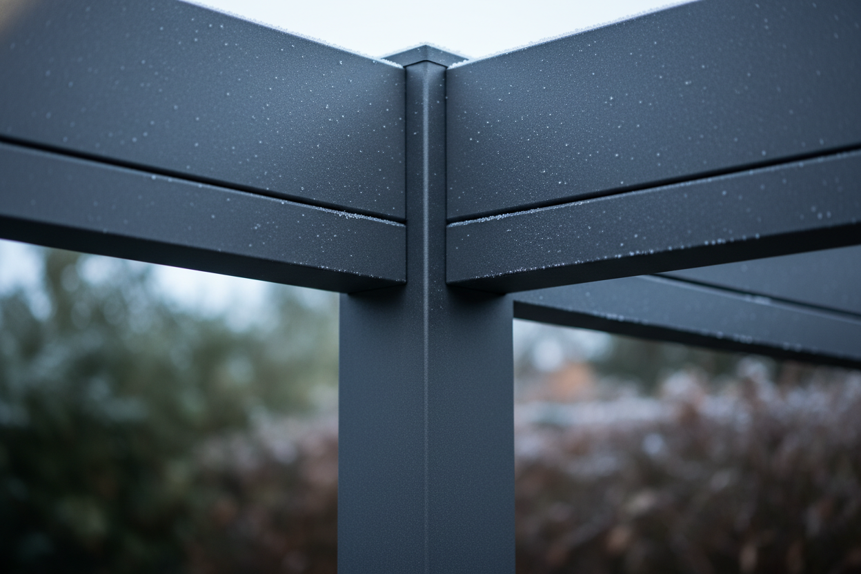 A photorealistic close-up of the corner joint of a dark grey aluminum pergola, highlighting its precise engineering and robust construction. Delicate frost crystals glisten on the brushed metal under natural, cool daylight, emphasizing clean lines. The background is softly blurred, hinting at a winter garden, with the angle from below underscoring the material's strength.