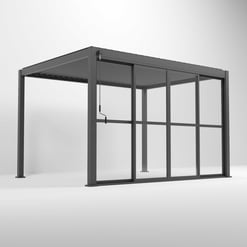 Industrial outdoor metal patio cover with transparent roofing and sliding glass door for backyard garden or patio spaces.