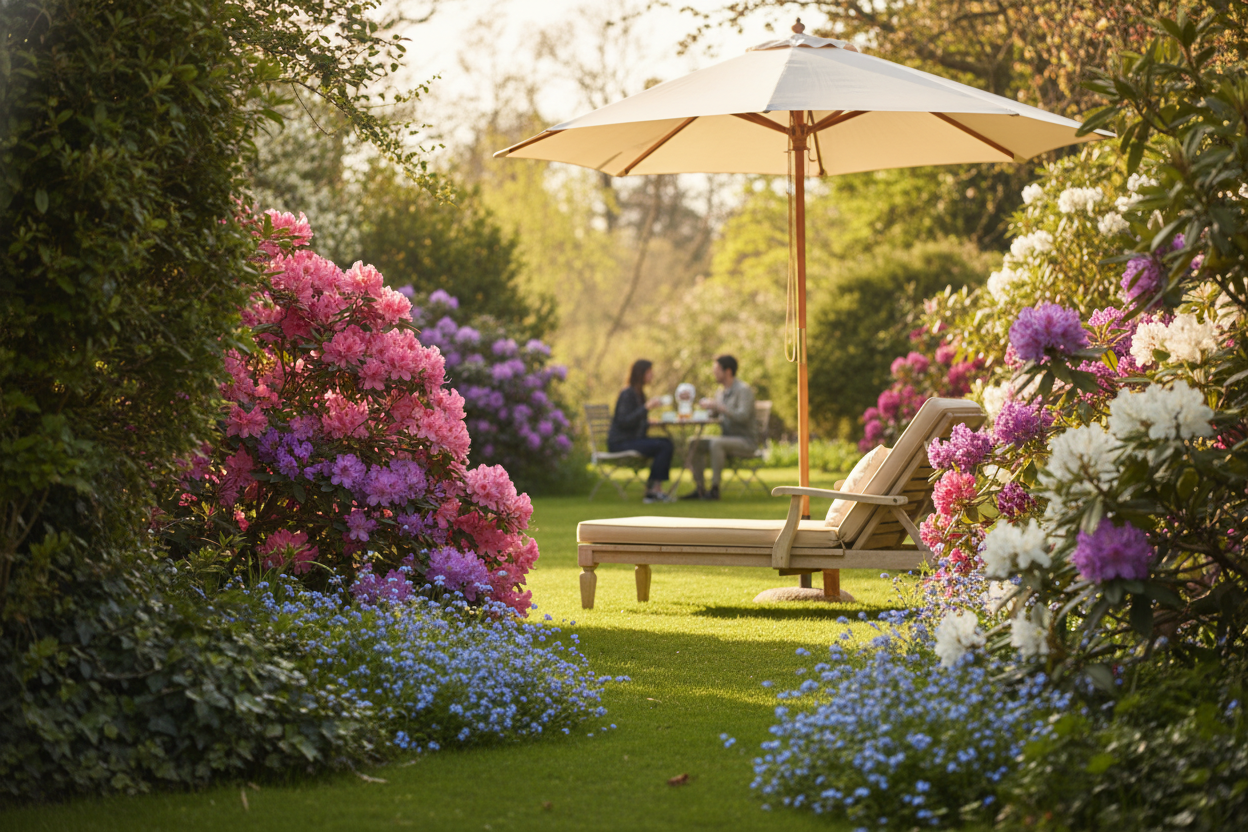 A photorealistic, eye-level lifestyle shot of a charming UK garden in spring bloom. A stylish, cream-coloured garden parasol shades an outdoor lounge chair. Silhouetted in the soft-focus background, a couple enjoys tea, adding an aspirational touch. The foreground features flowering rhododendrons and delicate forget-me-nots. Warm mid-afternoon sunlight casts long shadows, creating a serene atmosphere. Lush greenery frames the scene, inviting the viewer into the tranquil space with its soft pastel floral colours, warm wood tones, and creamy white parasol bathed in golden light.