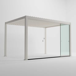 Modern white pergola with glass sliding door, outdoor patio cover, aluminum structure, perfect for outdoor living, backyard shade, and garden aesthetic enhancement.