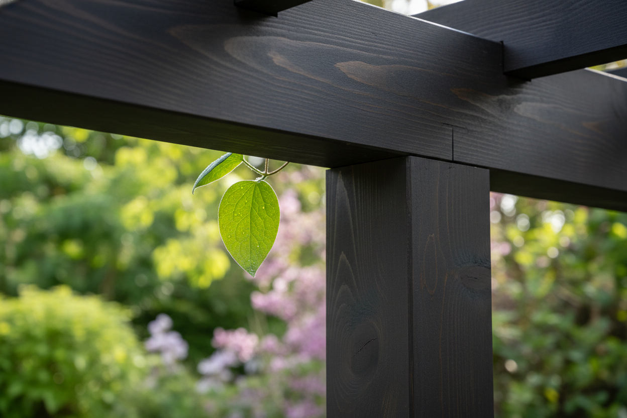 A hyper-realistic close-up of the corner joint of a contemporary dark oak-stained timber pergola in a UK garden during Spring. The focus is on the meticulously crafted mortise and tenon joint, showcasing the smooth, sanded wood grain. A single dew-kissed green clematis leaf drapes over the top beam, adding a touch of natural freshness. The background is softly blurred with hints of green foliage, emphasizing the rich texture of the wood under soft, natural daylight.