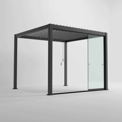 Modern outdoor pergola with glass sliding door, metal framework, and shaded slatted roof, ideal for backyard patio or garden space, available at Empire Home and Garden.