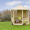 Raised wooden garden gazebo with lattice sides and cozy seating, perfect for outdoor relaxation and enjoying nature. Ideal for garden and backyard home décor.