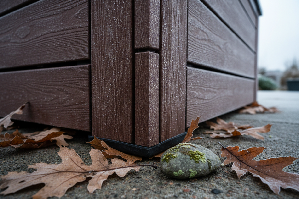 A close-up, photorealistic detail shot of the corner joint of a modern, dark wood effect outdoor storage box. The focus is on the robust, weather-resistant material and the precision of the joinery, highlighting its durability for winter conditions. Subtle frost particles cling to the textured surface, and a few fallen, damp oak leaves are scattered around the base. The lighting is natural, soft daylight from an overcast winter sky, emphasizing the rich, deep brown tones of the wood effect. The angle is slightly low, looking up at the corner, conveying a sense of strength and quality craftsmanship. The color palette is dominated by deep browns, greys, and hints of muted green from a nearby mossy stone.