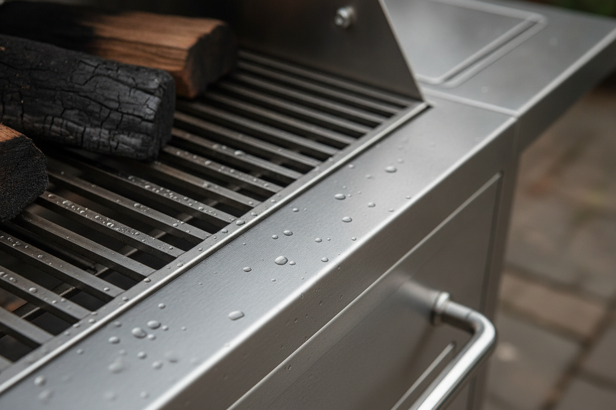 Extreme close-up, photorealistic shot of a robust, brushed stainless steel grate of a modern, high-end charcoal BBQ. Tiny water droplets glisten on the cool metal. The texture of the steel shows sharp, defined brushed lines. In the blurred background, hints of charred wood and a clean side burner are visible. Soft, diffused natural daylight creates subtle highlights and shadows, revealing the material's tactile qualities. The color palette is a sophisticated blend of cool silver, charcoal grey, and muted wood tones.