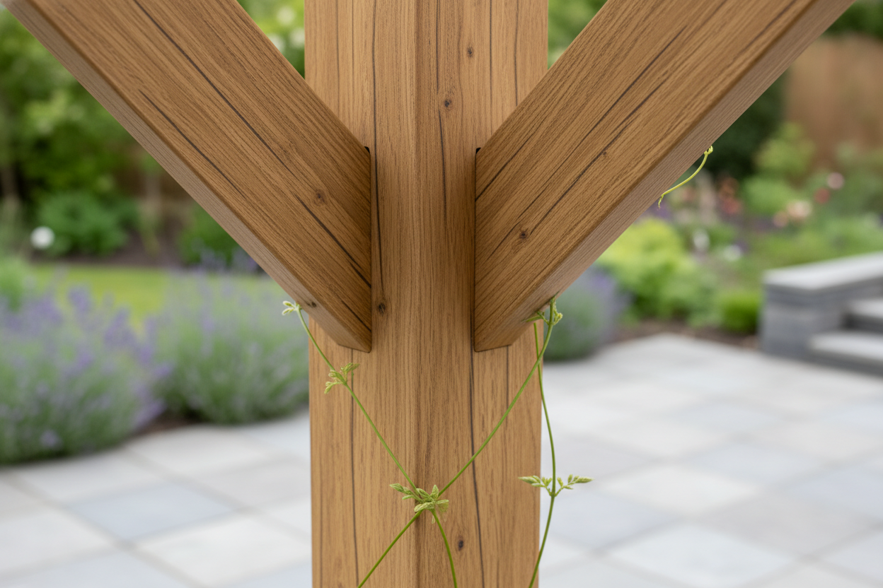 A hyperrealistic close-up of the corner joint of a modern oak-effect composite pergola. The image highlights the realistic wood grain texture, clean lines, and precise craftsmanship of the durable material. A few delicate green tendrils of a climbing plant are beginning to wrap around one of the posts. The scene is lit by diffused daylight from an overcast spring afternoon, revealing subtle texture variations. The background is softly blurred, hinting at a garden with a muted green palette and a soft grey stone patio. Shot with a macro lens, showcasing exceptional detail.