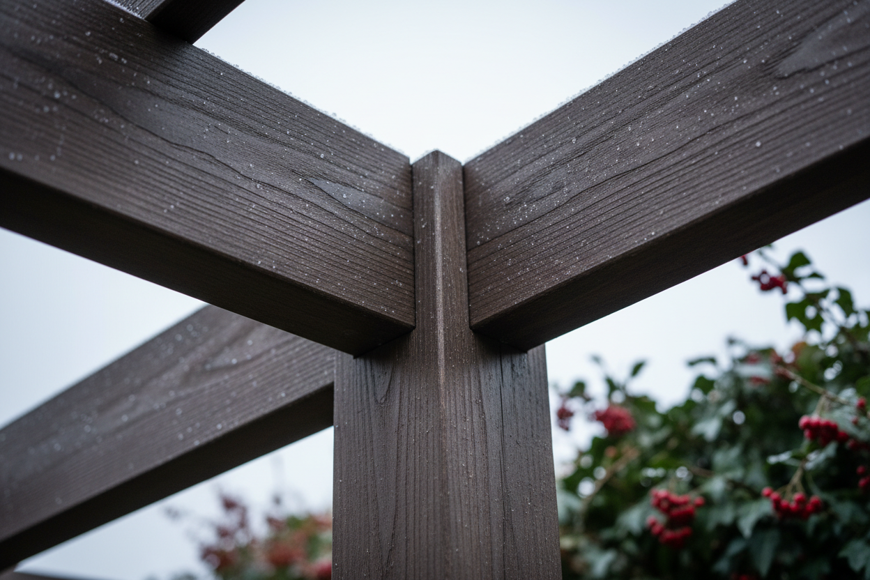 Close-up photorealistic detail of a modern, dark wood effect timber pergola. The image highlights the smooth, grain-rich texture of the weathered wood-like composite material, showcasing precise joinery and robust construction of beams and supporting posts. Tiny, glistening droplets of dew cling to the surface, emphasizing material resilience. Soft, diffused natural light from an overcast winter sky illuminates the texture, creating subtle shadows. The background is a softly blurred bokeh of muted winter garden foliage. The angle is slightly low, looking up at a corner joint, conveying strength and durability. The color palette is dominated by deep, warm browns and subtle greys. Photographed with a macro lens at f/2.8.