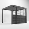Modern outdoor pergola with louvered roof for shade and style, perfect for backyard patios and garden spaces. Crafted from durable metal, it adds contemporary appeal to outdoor living areas.