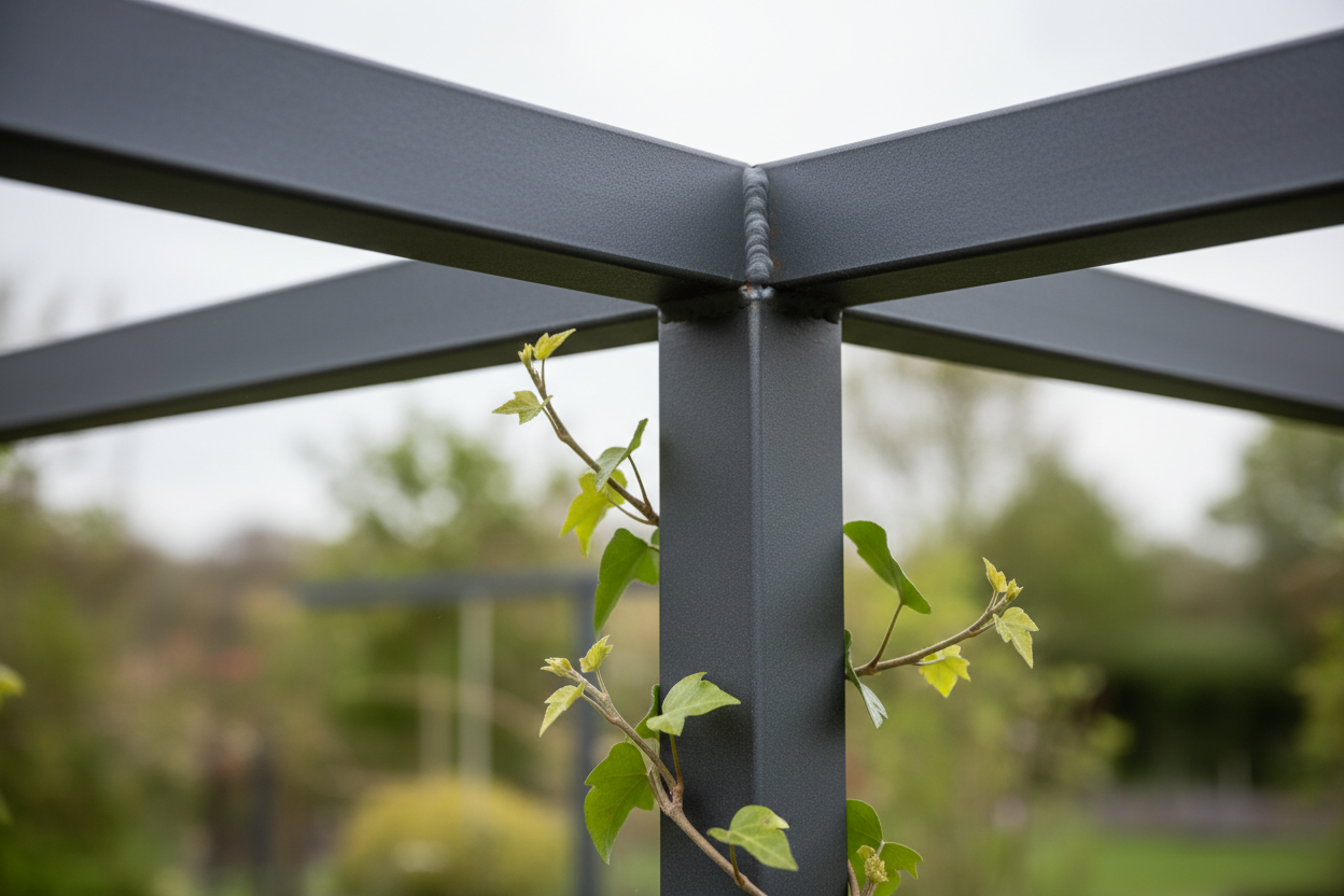 Close-up of a contemporary dark grey powder-coated steel garden arch, highlighting its robust, seamless welding and matte finish. Tender green ivy shoots are beginning to wrap around the uprights. The shot is taken from a low angle, emphasizing the structural integrity against a softly blurred garden background, under soft natural daylight.