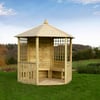 Handcrafted wooden gazebo in a lush garden setting, ideal for outdoor relaxation and entertaining. Perfect for enhancing your home and garden with stylish backyard structures.