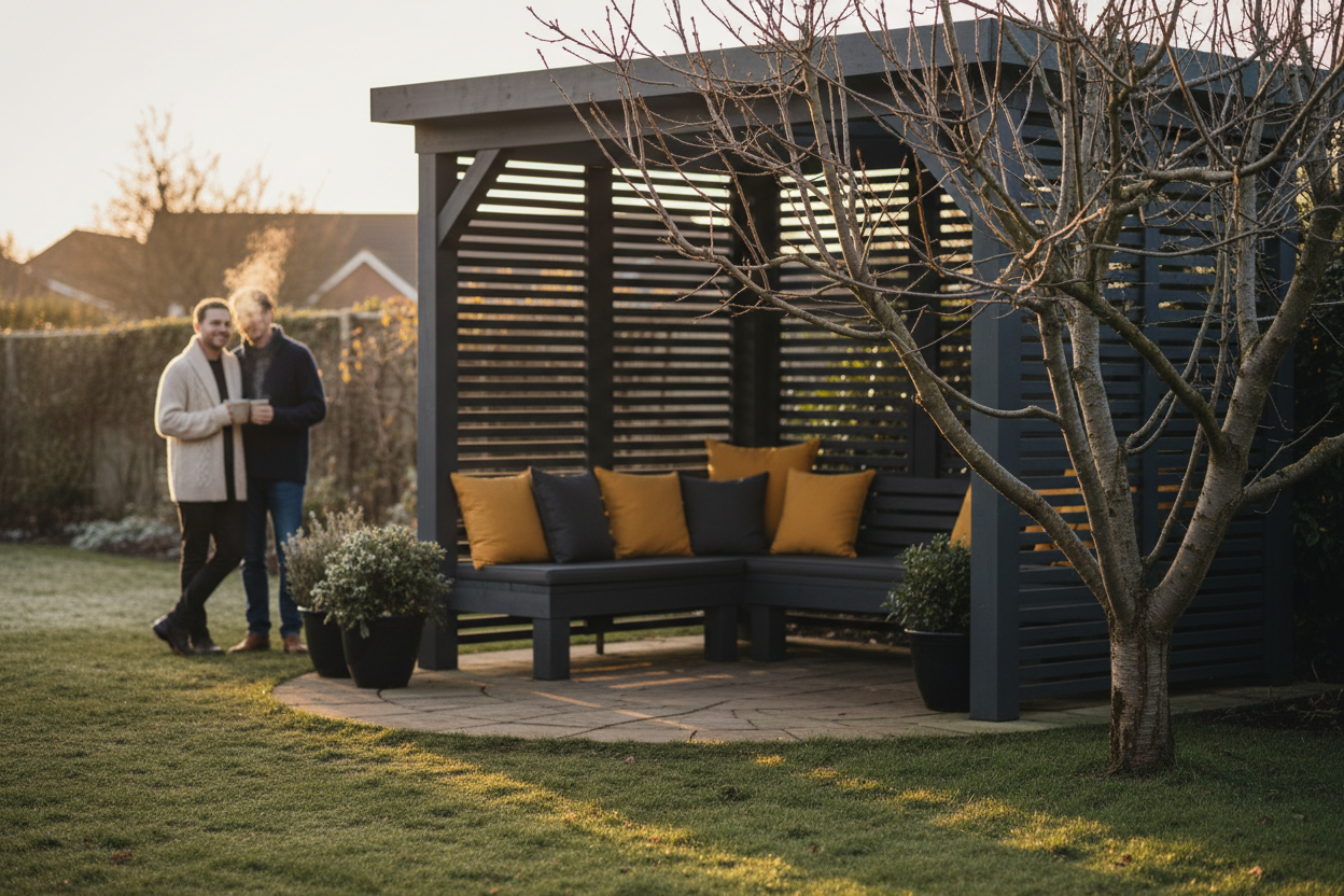 A photorealistic medium shot of a contemporary, dark grey timber-clad pergola in a UK garden during a late winter afternoon. A couple, bundled in cosy knitwear and holding mugs of hot drinks, are visible in the softly focused background. The pergola features ochre and charcoal cushions, and soft, golden daylight casts a warm glow through bare cherry tree branches, creating a year-round sanctuary feel.