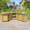 Outdoor wooden bar cart with grilling station, serving food and drinks, for garden entertaining and backyard cookouts. Perfect for summer barbecues and outdoor gatherings.