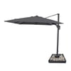 Black patio umbrella with a sturdy pole and a weighted base, ideal for outdoor garden and patio setups, providing shade and style.