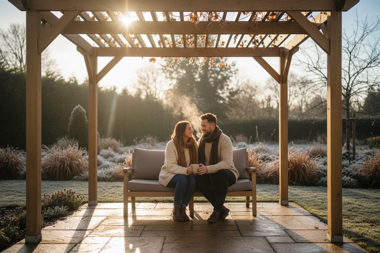 A photorealistic image of a cosy UK garden on a bright, crisp winter morning. Sunlight streams through a modern light oak effect wooden pergola, casting dappled patterns on a stone patio. In the background, a couple in warm winter clothing sits on a bench under the pergola, sharing a steaming mug of coffee. The garden features evergreens, ornamental grasses, and bare-branched trees, creating a tapestry of winter colours. The scene evokes a warm, inviting, and aspirational atmosphere of hygge and quiet enjoyment.