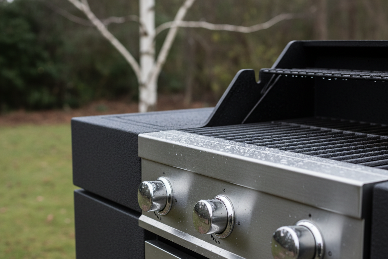 A photorealistic close-up of a premium gas BBQ, showcasing its brushed stainless steel and dark textured composite materials. The image highlights the precision of the control knobs and the robust grill grates. Subtle water droplets from frost glisten on the cool metal. The softly blurred background features muted greens and browns of a winter garden with a bare-branched birch tree. Diffused natural daylight emphasizes the tactile qualities and craftsmanship. The angle is slightly from above, and the color palette is cool and sophisticated, with silver, charcoal grey, and deep green.