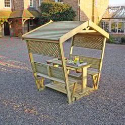 Garden wooden gazebo with seating and roof, outdoor patio furniture for backyard relaxation, ideal for garden and home outdoor living spaces.