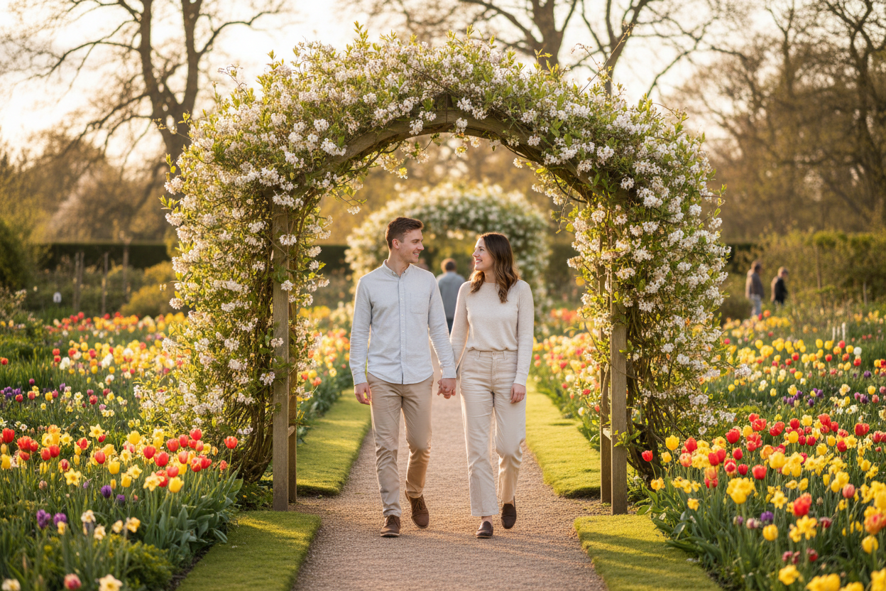 A happy young couple in their late 20s, dressed in casual spring attire, walks hand-in-hand through a weathered oak garden arch covered in fragrant honeysuckle and jasmine blossoms. The scene is set in a vibrant English garden with colorful spring bulbs and is bathed in the warm, golden light of a late spring afternoon.