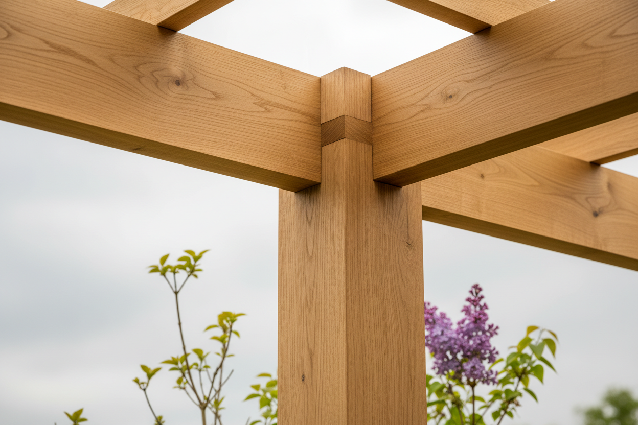 A close-up, photorealistic detail of the corner joint of a modern timber pergola in a UK garden. The warm, light oak wood showcases exquisite craftsmanship with its natural grain, smooth matte finish, and precise joinery highlighted by bright, diffused sunlight. Softly blurred in the background are delicate spring leaves and a hint of a purple flowering plant.