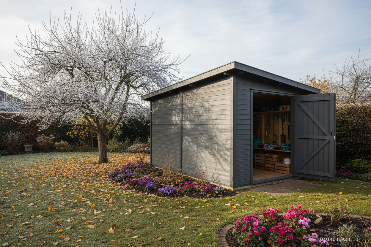 A photorealistic, wide-angle shot of a modern, charcoal grey wooden shed with a sloped roof in a British garden on a crisp winter afternoon. Bare apple tree branches dusted with frost overlook damp, ochre and russet fallen leaves, punctuated by deep purple cyclamen and vibrant pink pansies. Soft, diffused daylight from an overcast sky casts gentle shadows. The shed door is slightly ajar, suggesting organized storage. The scene conveys warmth and aspirational style, highlighting the shed as a practical and attractive outdoor feature. The composition is balanced, with the shed as the main focus, framed by the garden's winter beauty. Shot at eye-level.