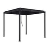 Black metal outdoor pergola with adjustable canopy and pull-down shade system suitable for enhancing garden patios and backyard entertainment spaces.