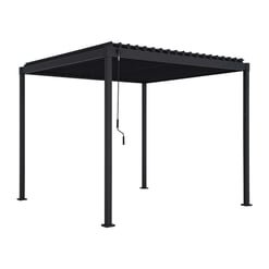 Black metal outdoor pergola with adjustable canopy and pull-down shade system suitable for enhancing garden patios and backyard entertainment spaces.