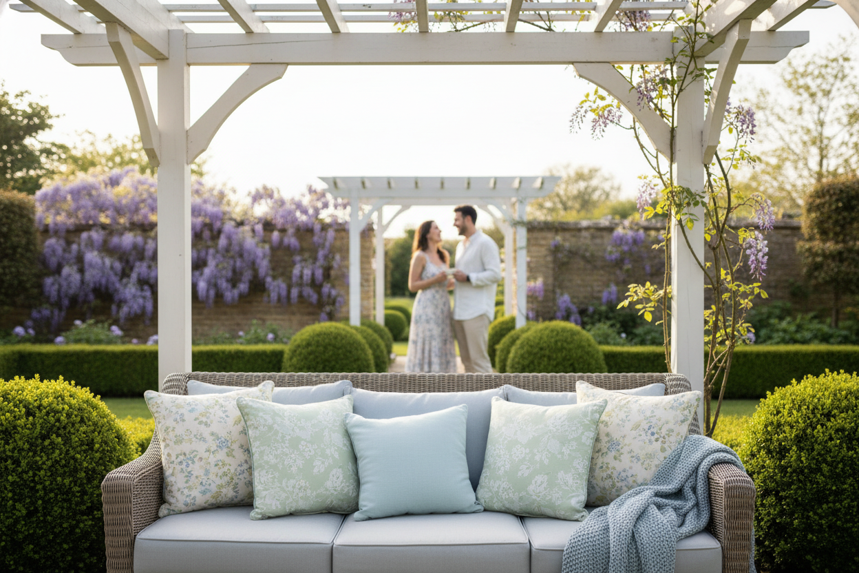A photorealistic medium shot of a relaxed Spring afternoon in a charming UK garden. A white timber pergola with a partially covered roof is central. A wicker outdoor sofa with pastel blue and green cushions is in the foreground. In the blurred background, a couple in casual attire laugh over tea, framed by the pergola. Blooming wisteria cascades over a fence, and box hedging is neatly manicured. Soft natural afternoon light creates a warm, inviting atmosphere, evoking peaceful enjoyment and aspirational outdoor living.
