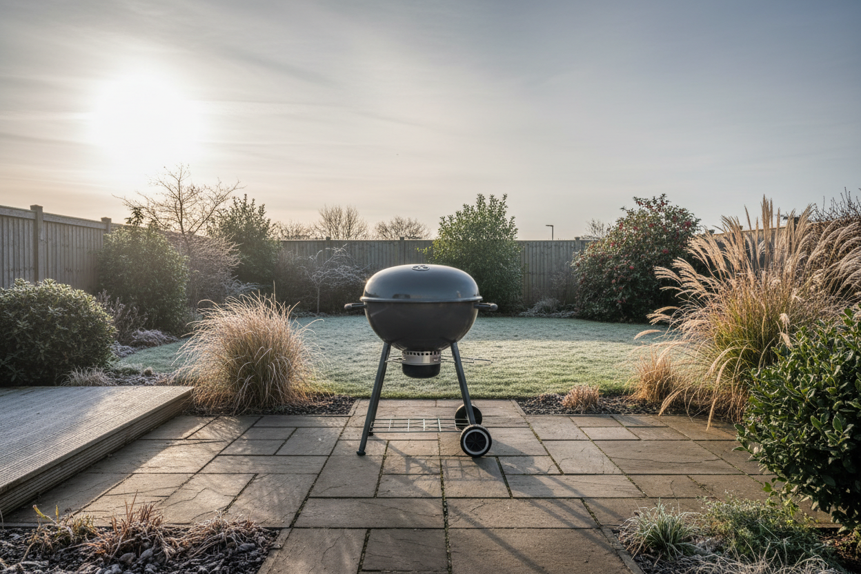 A sleek, modern charcoal BBQ sits on a paved patio in a neatly manicured UK suburban garden, lightly dusted with frost. Evergreen shrubs and ornamental grasses, along with a distant holly bush, add touches of green and muted red. Long, cool shadows cast by the late afternoon winter sun create a warm glow on this crisp, clear day, under a soft grey sky. The composition focuses on the BBQ, framed by the natural garden elements, in photorealistic, natural daylight.