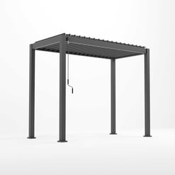 Rectangular metal pergola with slatted roof, outdoor patio cover, and retractable canopy pull-down, ideal for backyard garden and outdoor living spaces.