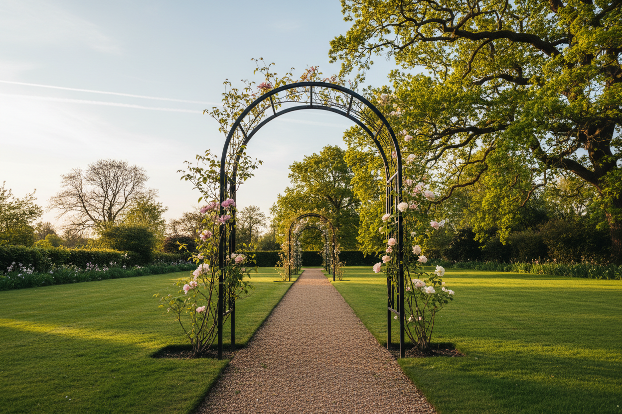 A photorealistic, wide-angle view of a contemporary black metal garden arch, about 2.5 meters tall, at the end of a winding gravel path in a quintessential English country garden. The arch is decorated with newly unfurling clematis and delicate pink and white climbing roses. Dappled sunlight from mature oak trees casts shadows on the manicured green lawn, creating a warm, inviting, early spring atmosphere. The sky is pale blue with wispy clouds.