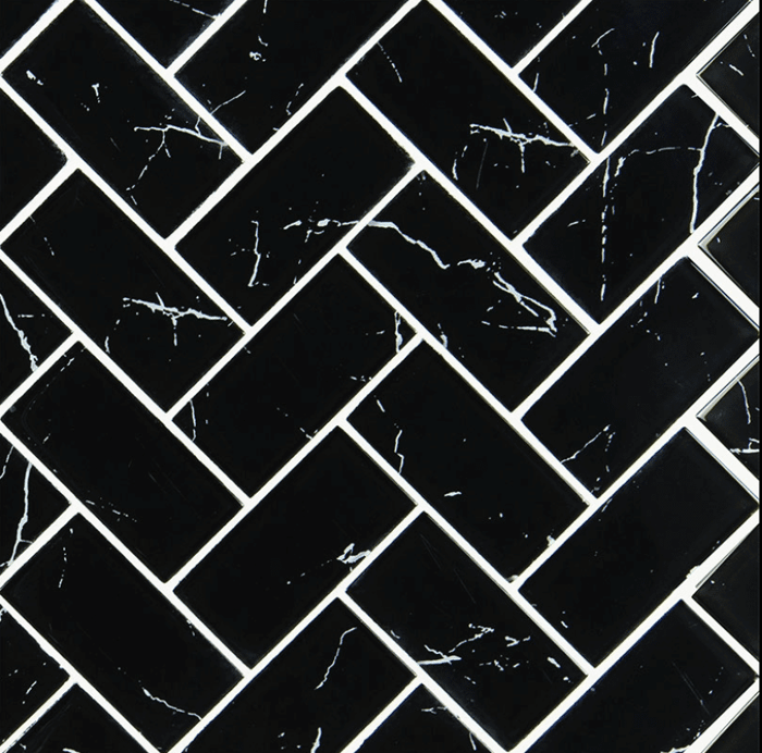 NERO MARQUINA GLASS 2X4 HERRINGBONE Glass Mosaics SQUAREFOOT FLOORING - MISSISSAUGA - TORONTO - BRAMPTON