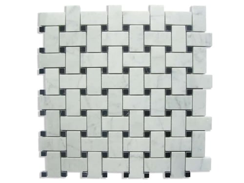 2STM001 Carrara with Black Dots Basketweave Polished Marble Mosaics SQUAREFOOT FLOORING - MISSISSAUGA - TORONTO - BRAMPTON