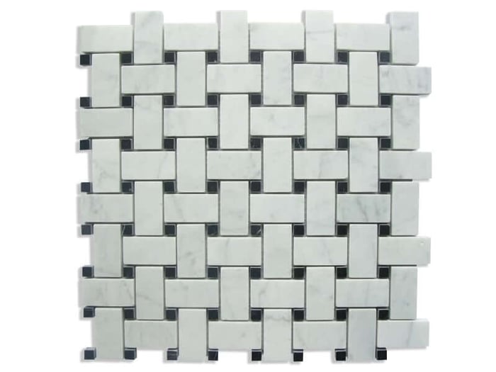 2STM001 Carrara with Black Dots Basketweave Polished Marble Mosaics SQUAREFOOT FLOORING - MISSISSAUGA - TORONTO - BRAMPTON