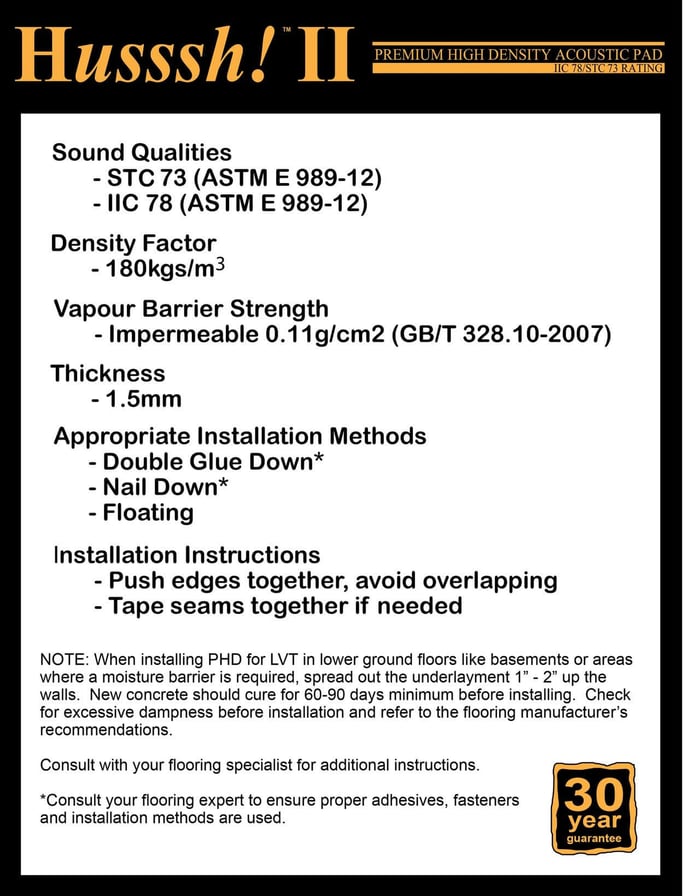 Husssh! II 2  Premium High Density Acoustic Pad – IIC 78 – STC 73 RATING SQUAREFOOT FLOORING - MISSISSAUGA - TORONTO - BRAMPTON