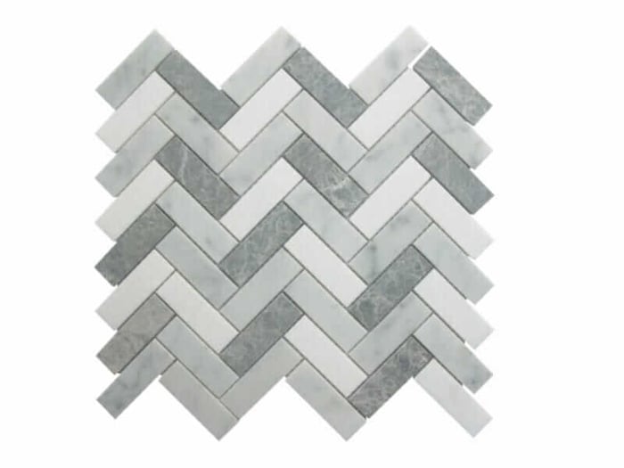 55STM020 Carrara and Crystal White with Antique Marble Herringbone Mosaics SQUAREFOOT FLOORING - MISSISSAUGA - TORONTO - BRAMPTON