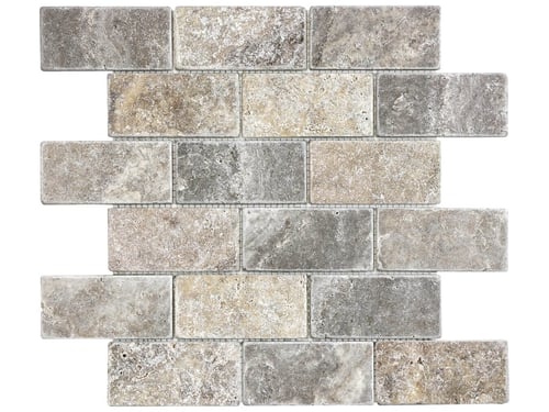 Silver Ash Travertine 2 x 4 in / 5 x 10 cm Brick Mosaic Tumbled Natural Stone – Anatolia Tile SQUAREFOOT FLOORING - MISSISSAUGA - TORONTO - BRAMPTON