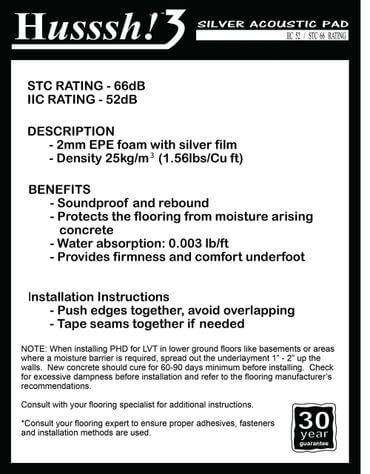 Husssh! III 3 SILVER ACOUSTIC PAD IIC 52 – STC 66 RATING SQUAREFOOT FLOORING - MISSISSAUGA - TORONTO - BRAMPTON