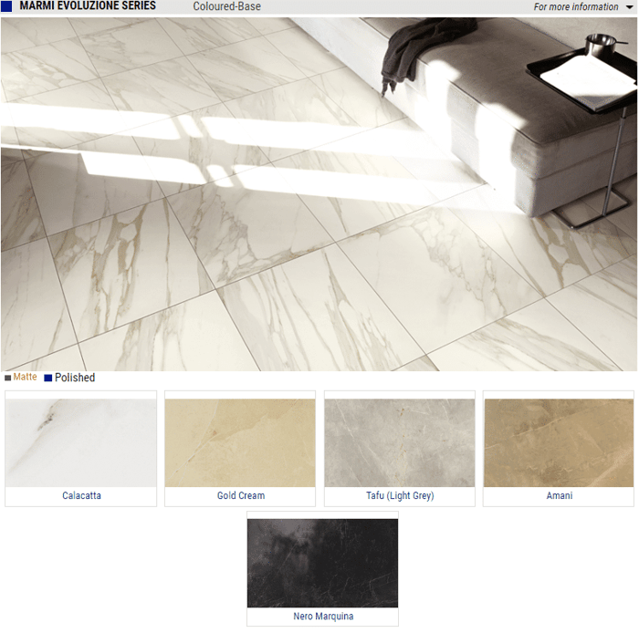 Marmi Evoluzione Series Matte and Polished Porcelain Tiles – Color: Calacatta, Gold Cream, Tafu Light Grey, Amani, Nero Marquina – Size: 22.84 x 45.67, 22.84 x 22.84 SQUAREFOOT FLOORING - MISSISSAUGA - TORONTO - BRAMPTON