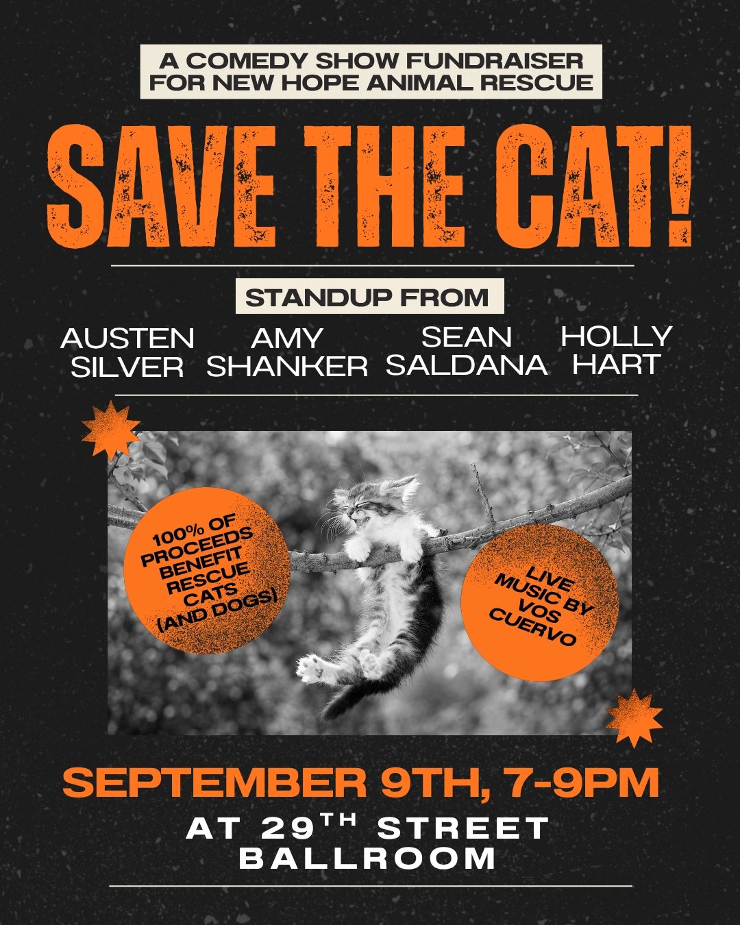 SAVE THE CAT FUNDRAISER W/ JIMMY MASS (KUTX) , AUSTEN SILVER, AMY SHANKER, SEAN SALDANA, HOLLY HART