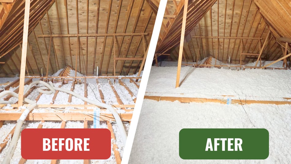 Before and after comparison of a professional blown-in attic insulation installation showing the dramatic increase in energy-efficient coverage.