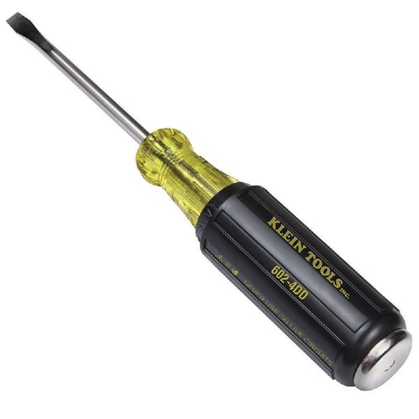 Klein® 602-4DD Demolition Screwdriver, 1/4 in Cabinet Point, Metal Shank, 9 in OAL, Acetate Handle, Polished Chrome