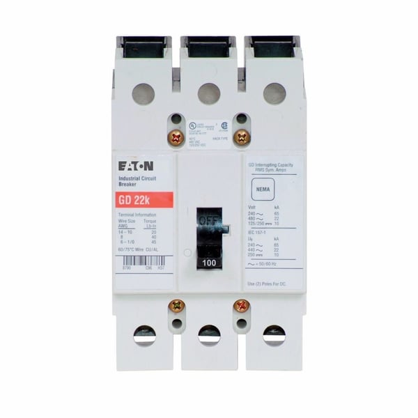 GD3100EATON GD3100 C Series Type GD Cable-In/Cable-Out Molded Case Circuit Breaker, 480 VAC/125/250 VDC, 100 A, 14/65 kA Interrupt, 3 Poles, Fixed Thermal/Fixed Magnetic/Non-Interchangeable Trip