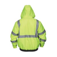 VBBQCL3LLMCR Safety VBBQCL3LL Luminator™ Insulated Bomber Jacket With (2) Outer Front Pockets and (3) Inner Pockets, L, Black/Hi-Viz Fluorescent Lime, Polyester/Polyurethane, Resists: Water, ANSI/ISEA Type R Class 3, Hideaway Drawstring Hood