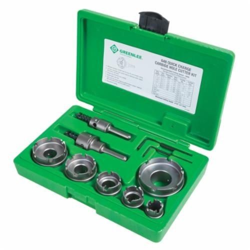 Greenlee® 648 Quick-Change Hole Cutter Kit With Fixed Pockets, 7/8 in Dia Min Cutter, 2-1/2 in Dia Max Cutter, 8 Pieces, For Use With 1/2 to 2 in Conduit, Tungsten Carbide, Oxide Coated