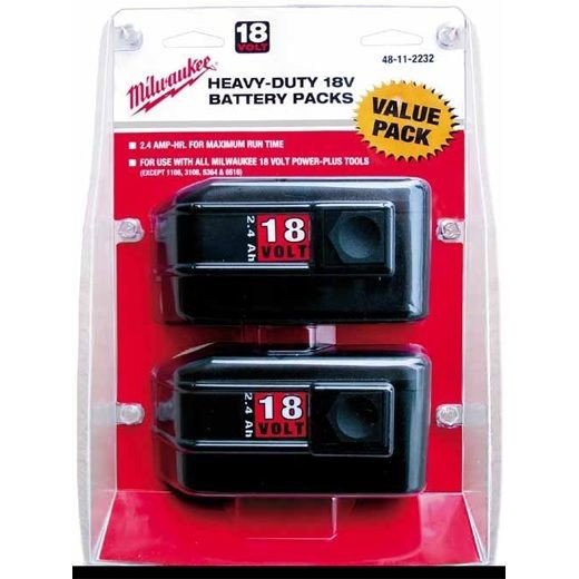 Milwaukee® 48-11-2232 V18™ Rechargeable Slide on Style Cordless Battery Pack With Milwaukee® V18™ and 18 VDC Ni-Cd Cordless Power Tool, 2.4 Ah NiCd Battery, 18 VDC Charge, For Use With Milwaukee® V18™ and 18 VDC Ni-Cd Cordless Power Tool