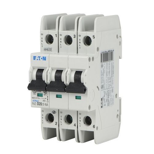 FAZ-D20/3-NAEATON FAZ-D20/3-NA Current Limiting Miniature Circuit Breaker, 277/480 VAC, 20 A, 10 to 14 kA Interrupt, 3 Poles, 10 to 20X/D-Curve Thermal Magnetic Trip
